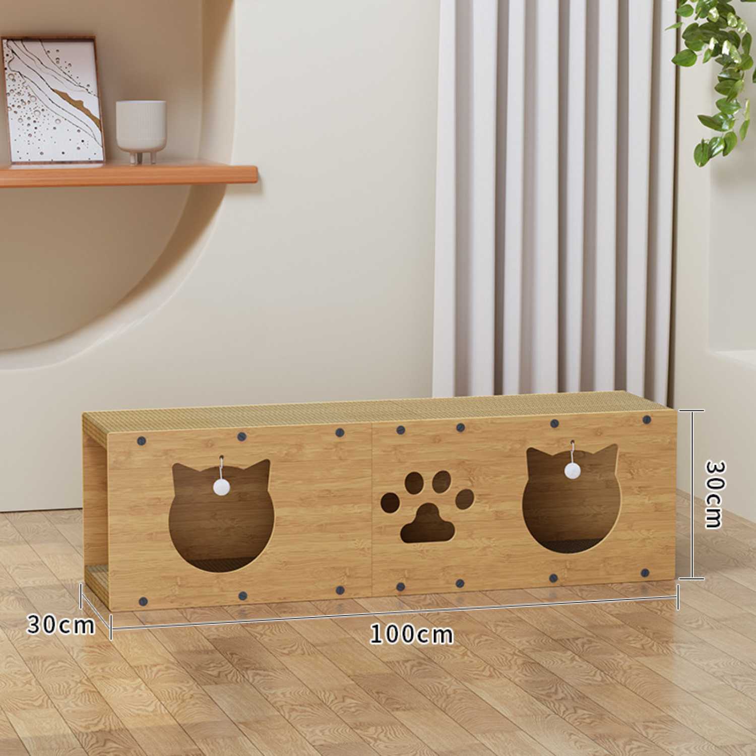 kattentunnel-krabplank-hout-met-afmetingen-30x100x30cm